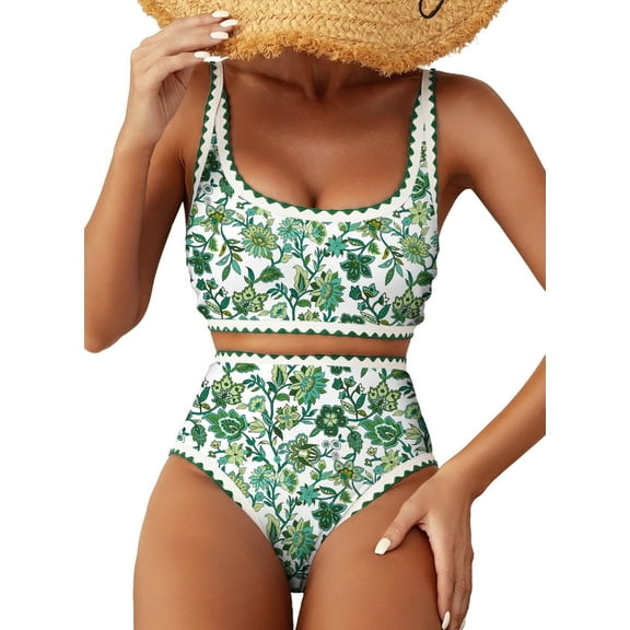 SHEWIN Women's Bikini Sets Floral Print Whip Stitch 2 Piece Swimsuits High Waisted Scoop Bathing Suits