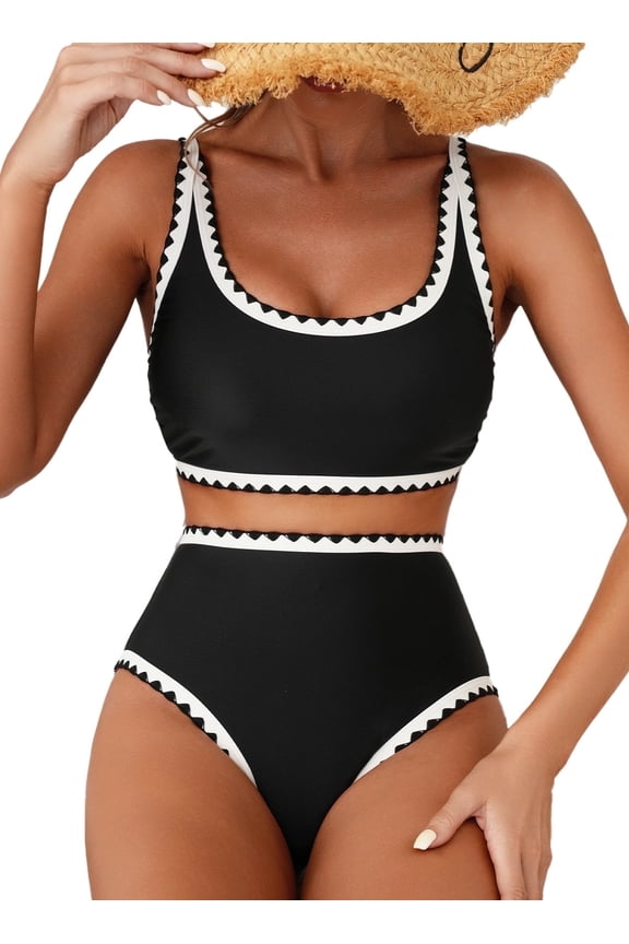 Women's Bikini Sets Floral Print Whip Stitch 2 Piece Swimsuits High Waisted Scoop Bathing Suits