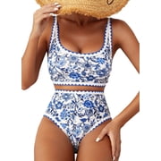 SHEWIN Womens Bikini Sets Floral Print Whip Stitch 2 Piece Swimsuits High Waisted Scoop Bathing Suits