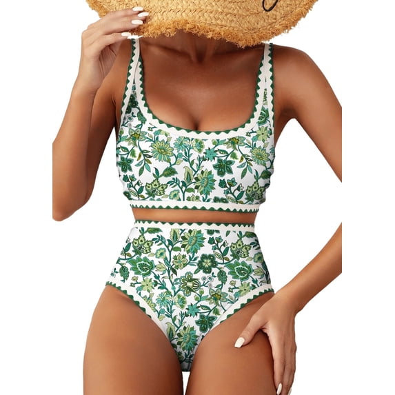 SHEWIN Women's Bikini Sets Floral Print Whip Stitch 2 Piece Swimsuits High Waisted Scoop Bathing Suits