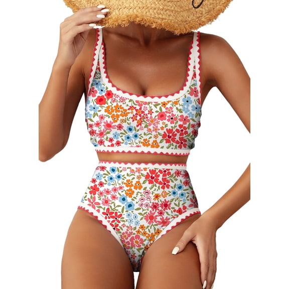 SHEWIN Women's Bikini Sets Floral Print Whip Stitch 2 Piece Swimsuits High Waisted Scoop Bathing Suits