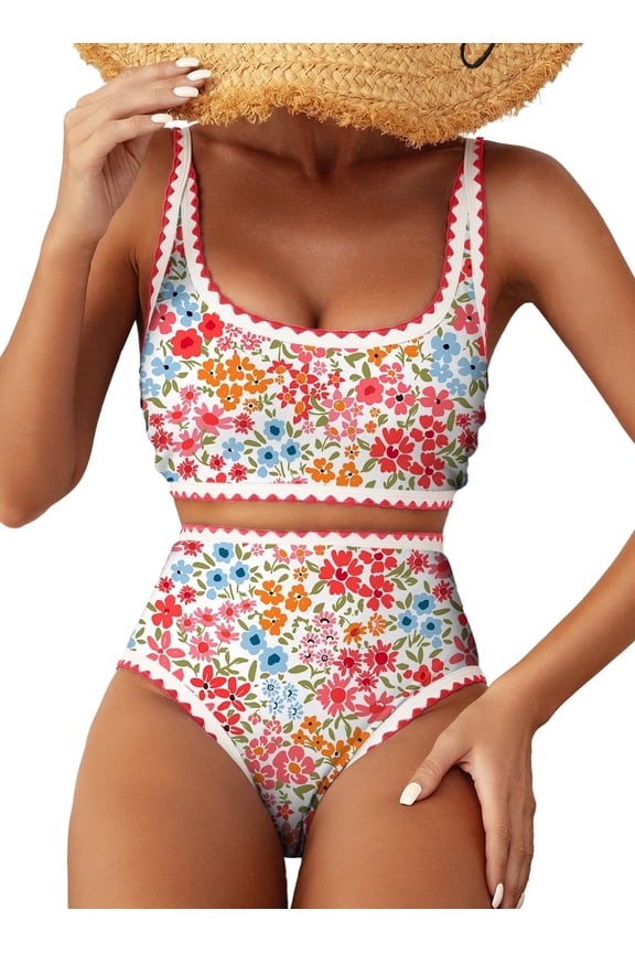Women's Bikini Sets Floral Print Whip Stitch 2 Piece Swimsuits High Waisted Scoop Bathing Suits