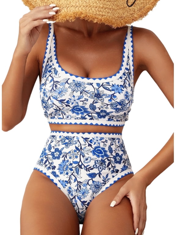 Women's Bikini Sets Floral Print Whip Stitch 2 Piece Swimsuits High Waisted Scoop Bathing Suits