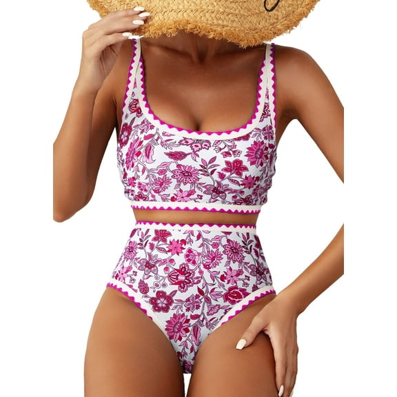 SHEWIN Women's Bikini Sets Floral Print Whip Stitch 2 Piece Swimsuits High Waisted Scoop Bathing Suits