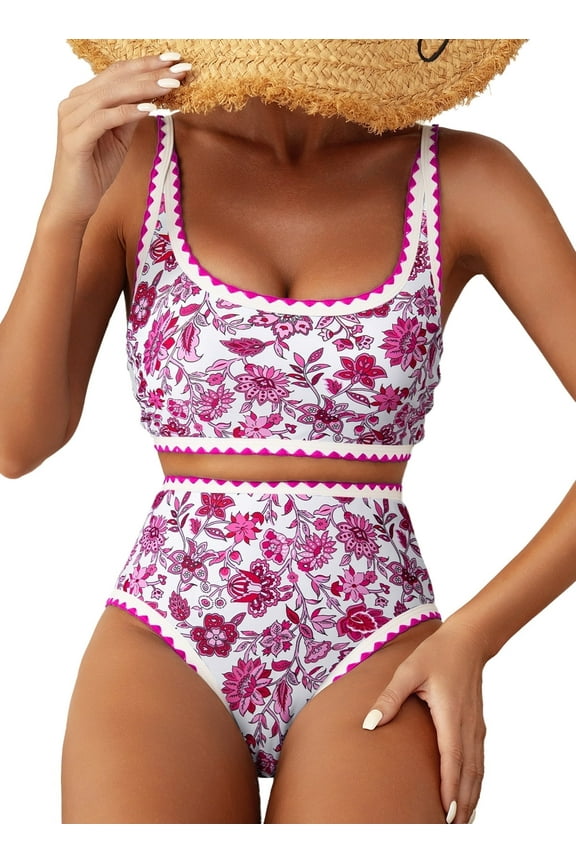 Women's Bikini Sets Floral Print Whip Stitch 2 Piece Swimsuits High Waisted Scoop Bathing Suits