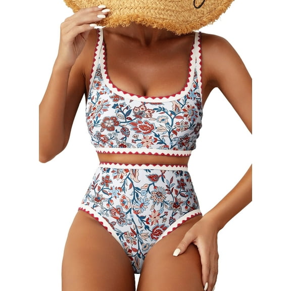 SHEWIN Women's Bikini Sets Floral Print Whip Stitch 2 Piece Swimsuits High Waisted Scoop Bathing Suits
