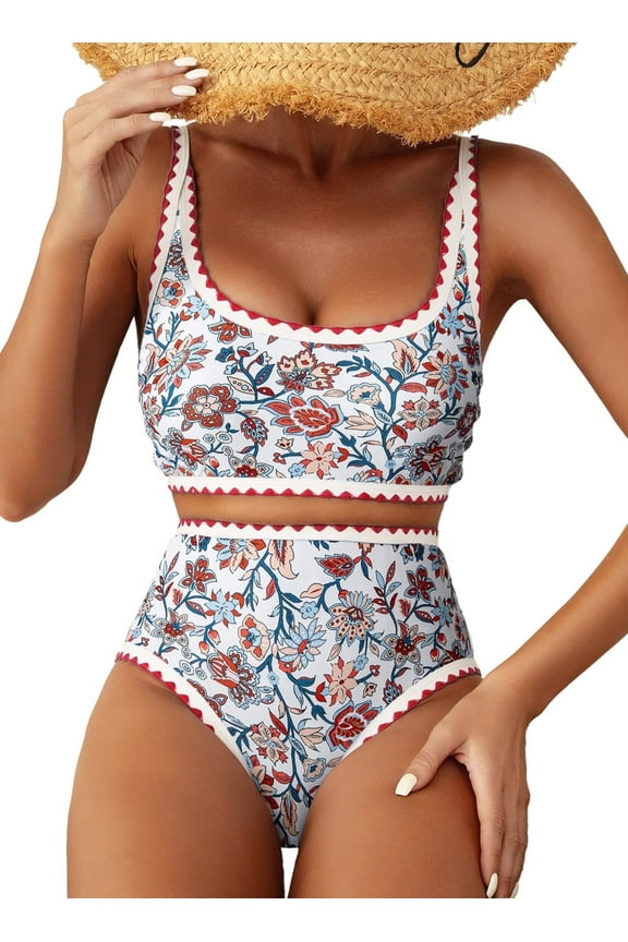 Women's Bikini Sets Floral Print Whip Stitch 2 Piece Swimsuits High Waisted Scoop Bathing Suits