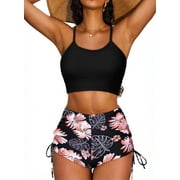 SHEWIN Women's Bikini Sets Two Pieces Bathing Suits Criss Cross Top Swimsuits High Waisted Drawstring Boyshorts