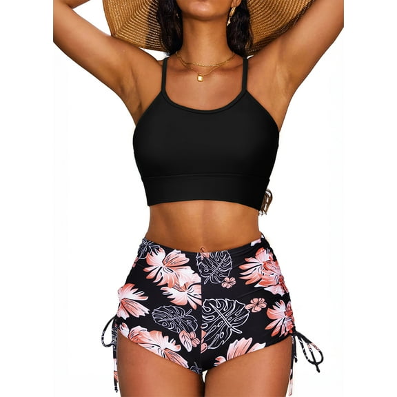 SHEWIN Women's Bikini Sets Two Pieces Bathing Suits Criss Cross Top Swimsuits High Waisted Drawstring Boyshorts
