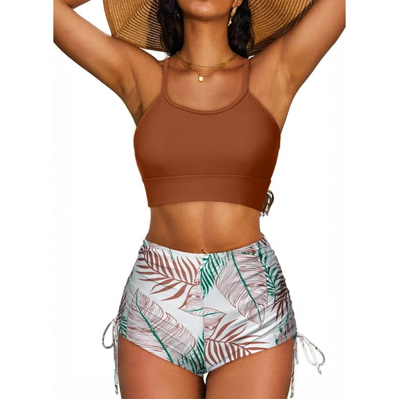 SHEWIN Women's Bikini Sets Two Pieces Bathing Suits Criss Cross Top Swimsuits High Waisted Drawstring Boyshorts