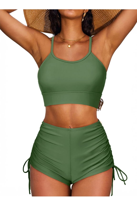 Women's Bikini Sets Two Pieces Bathing Suits Criss Cross Top Swimsuits High Waisted Drawstring Boyshorts