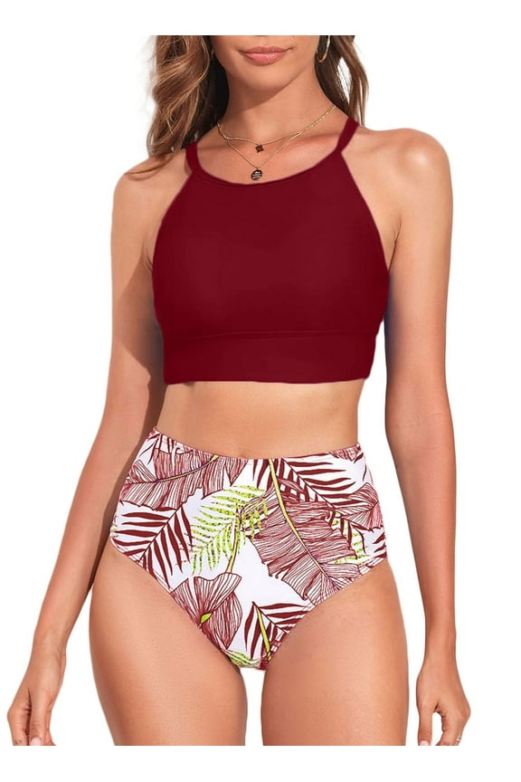 Women's Bikini Sets Two Pieces Swimsuits High Neck Bathing Suits Tropical Leaf Print High Waisted Tummy Control Swimwear Racerback Tops with Bottom