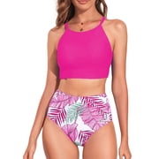 SHEWIN Women's Bikini Sets Two Pieces Swimsuits High Neck Bathing Suits Tropical Leaf Print High Waisted Tummy Control Swimwear Racerback Tops with Bottom