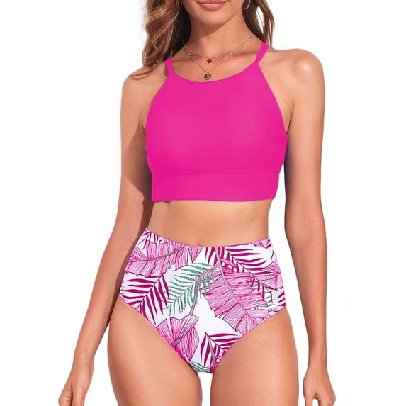 SHEWIN Women's Bikini Sets Two Pieces Swimsuits High Neck Bathing Suits Tropical Leaf Print High Waisted Tummy Control Swimwear Racerback Tops with Bottom