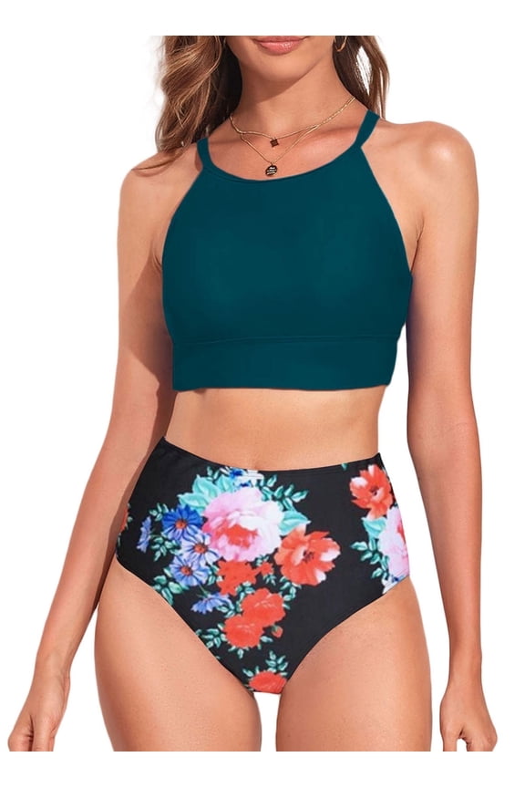 Women's Bikini Sets Two Pieces Swimsuits High Neck Bathing Suits Tropical Leaf Print High Waisted Tummy Control Swimwear Racerback Tops with Bottom