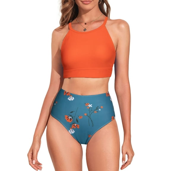 SHEWIN Women's Bikini Sets Two Pieces Swimsuits High Neck Bathing Suits Tropical Leaf Print High Waisted Tummy Control Swimwear Racerback Tops with Bottom