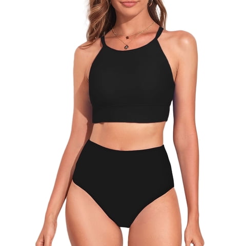 SHEWIN Women's Bikini Sets Two Pieces Swimsuits High Neck Bathing Suits Tropical Leaf Print High Waisted Tummy Control Swimwear Racerback Tops with Bottom