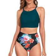 SHEWIN Women's Bikini Sets Two Pieces Swimsuits High Neck Bathing Suits Tropical Leaf Print High Waisted Tummy Control Swimwear Racerback Tops with Bottom