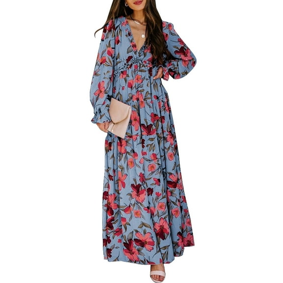 SHEWIN Women's Boho Midi Floral Dress Summer Long Sleeve Long Beach Sundress Wedding Beach Party Dress L