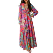 SHEWIN Womens Boho Midi Floral Dress Summer Long Sleeve Long Beach Sundress Wedding Beach Party Dress S