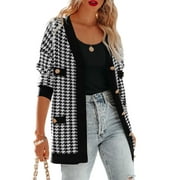 SHEWIN Women's Cardigan Sweaters Casual Open Front Button Down Plaid Chunky Knit Fall Jackets with Pockets
