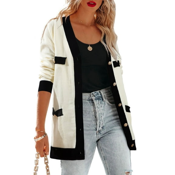 SHEWIN Women's Cardigan Sweaters Open Front Button Down Plaid Chunky Knit Fall Jackets with Pockets