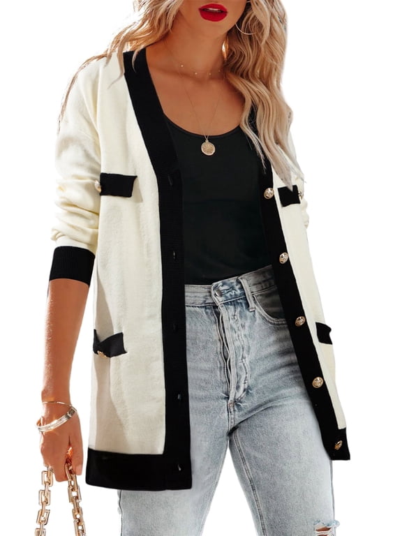 Women's Cardigan Sweaters Open Front Button Down Plaid Chunky Knit Fall Jackets with Pockets