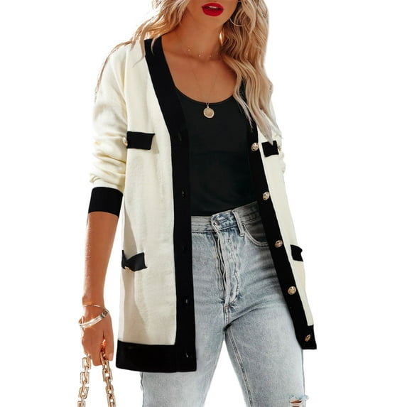 SHEWIN Women's Cardigan Sweaters Open Front Button Down Plaid Chunky Knit Fall Jackets with Pockets