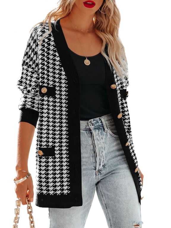 Women's Cardigan Sweaters Open Front Button Down Plaid Chunky Knit Fall Jackets with Pockets