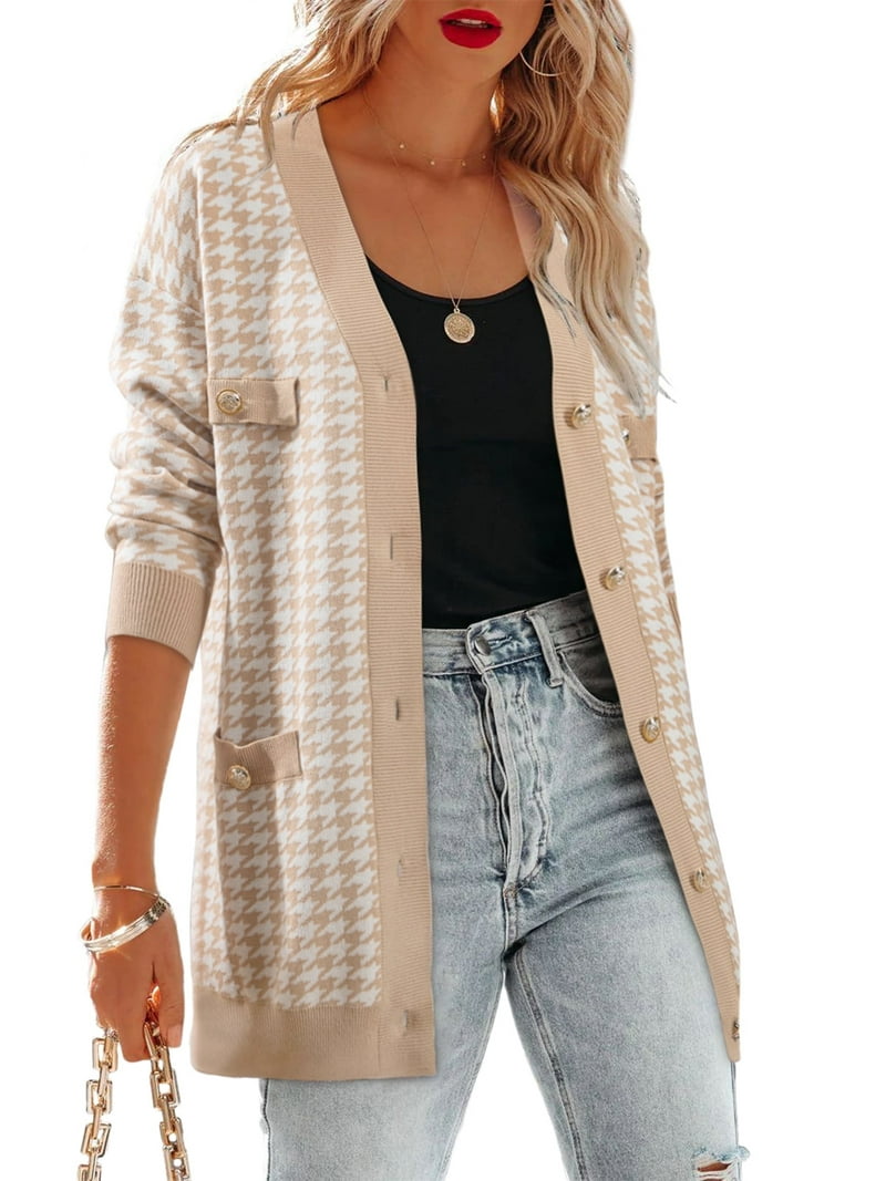 SHEWIN Women's Cardigan Sweaters Open Front Button Down Plaid
