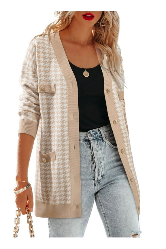 Women's Cardigan Sweaters Open Front Button Down Plaid Chunky Knit Fall Jackets with Pockets