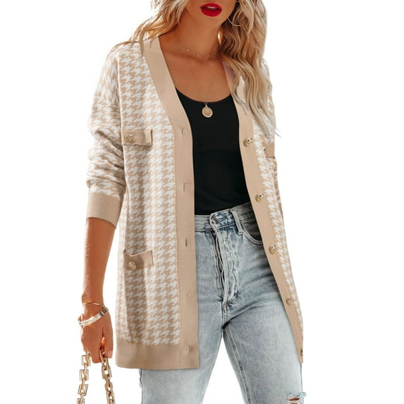 SHEWIN Women's Cardigan Sweaters Open Front Button Down Plaid Chunky Knit Fall Jackets with Pockets