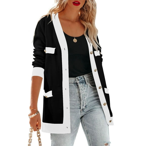 SHEWIN Women's Cardigan Sweaters Open Front Button Down Plaid Chunky Knit Fall Jackets with Pockets