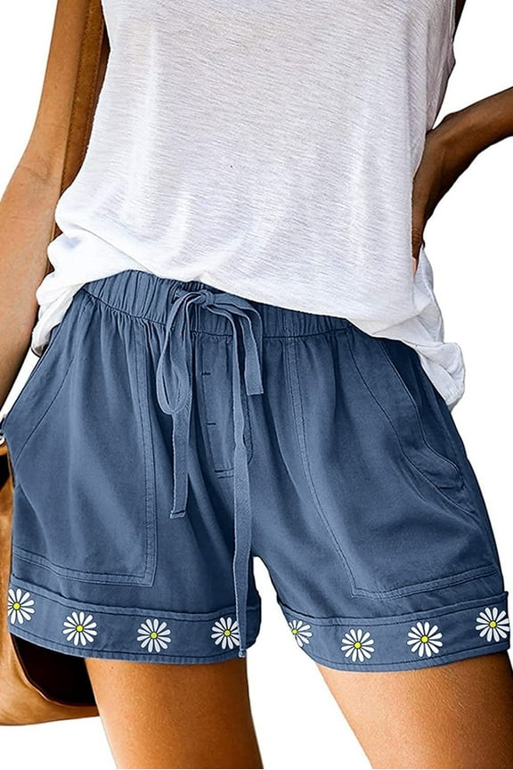 Women's Casual Mid Rise Drawstring Shorts Summer Comfy Elastic Waist Pocketed Graphic Print Short Pants S-3XL