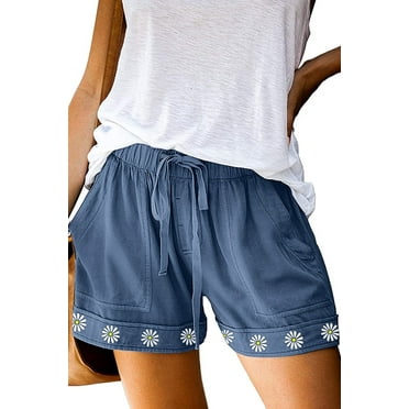 SHEWIN Women's Casual Shorts Drawstring Elastic Waist Summer High Rise Sports Shorts with Pockets Plus Size Blue