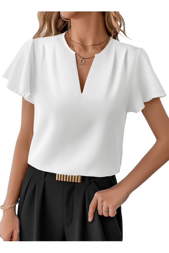 Womens Dressy Tops Summer V Neck Flowy Short Sleeve Blouses Business Casual Office Work Vacation Clothes