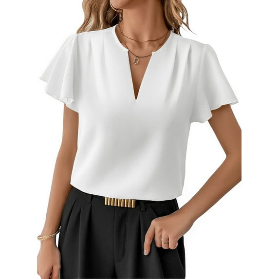 SHEWIN Blouses for Women Dressy Casual Summer Flowy Short Sleeve Shirts Pleated V Neck Work Business Tops