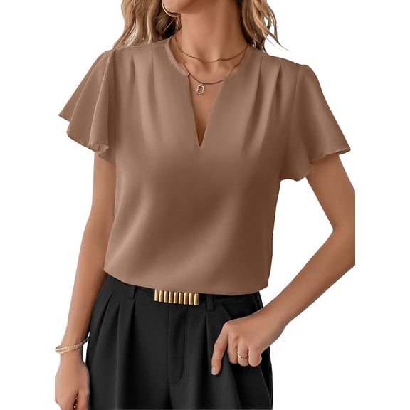 SHEWIN Oversized Tops for Women Short Sleeve Shirts Trendy 2026 Summer Pleated V Neck Dressy Plus Size Blouses