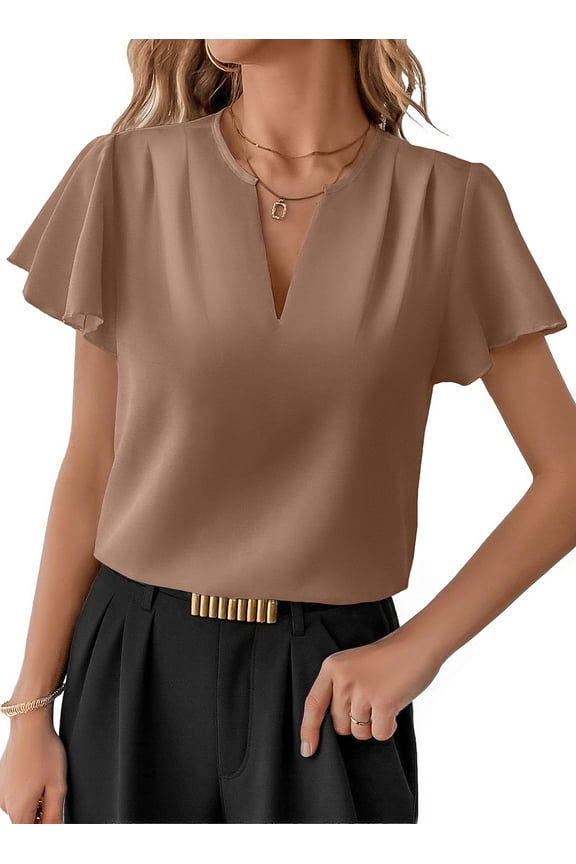 Oversized Tops for Women Short Sleeve Shirts Trendy 2026 Summer Pleated V Neck Dressy Plus Size Blouses