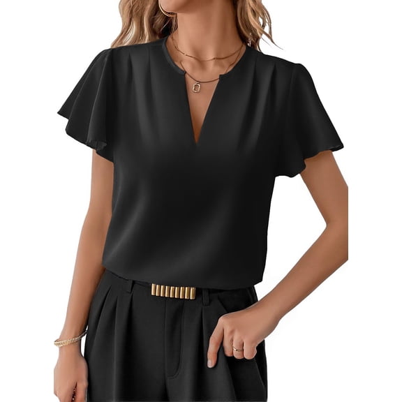 SHEWIN Women's Chiffon Blouse Casual Flowy Ruffle Sleeve V Neck Summer Work Tops Busines Office Shirts