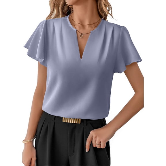 SHEWIN Oversized Tops for Women Short Sleeve Shirts Trendy 2026 Summer Pleated V Neck Dressy Plus Size Blouses