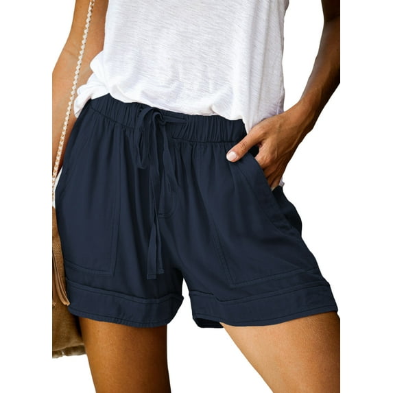SHEWIN Women's Comfy Drawstring Elastic Waist Shorts Summer Casual Loose Mid Rise Sports Short Pants with Pockets Blue