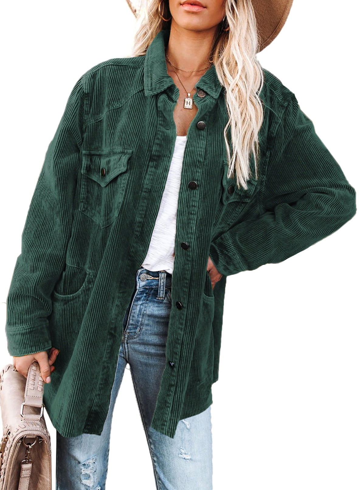 Entyinea Womens 2023 Fall Corduroy Shacket Jacket Modern Outdoor  Lightweight Windbreaker Zip Up Top Green M 