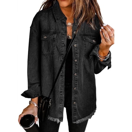 SHEWIN Women's Denim Jacket Casual Long Sleeve Jean Jacket Boyfriend Distressed Shacket with Pockets