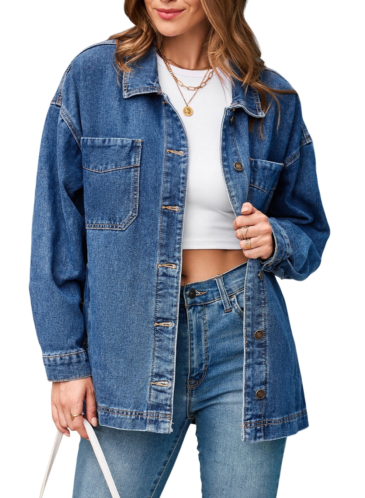 SHEWIN Women's Denim Jacket Oversized Boyfriend Jean Jackets Button Up ...