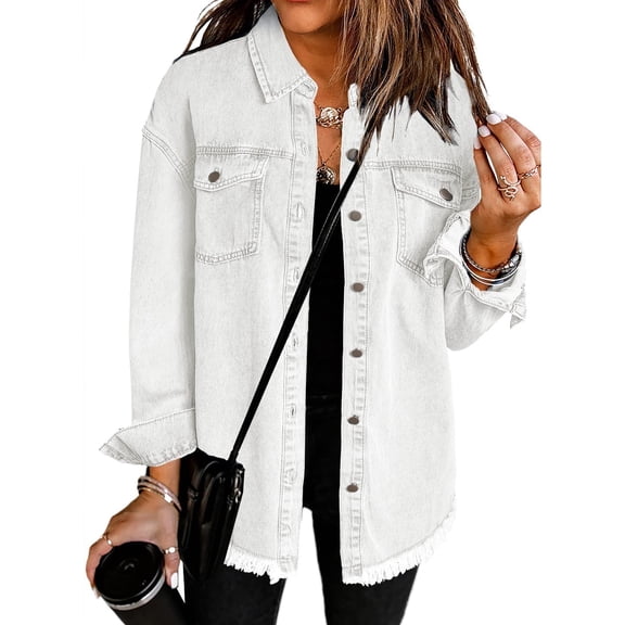 SHEWIN Women's Denim Jacket Oversized Jean Shirt Jackets Boyfriend Distressed Shacket for Women with Pockets White