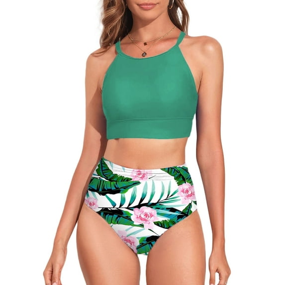 SHEWIN Women's Floral Print Racerback Bikini High Waisted Bathing Suits Set, 2-Piece, Green