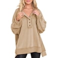 thumbnail image 1 of SHEWIN Women's Henley Sweatshirt Casual Oversized Button Henley Neck Pullover Sweatshirts for Women Light Patchwork Plus Size Shirts Khaki, 1 of 11