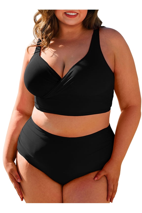 Bathing Suits Womens High Waisted Bikini Sets Plus Size Two Piece Tummy Control Swimsuits V Neck Summer Beach Swim Suits Black 4X