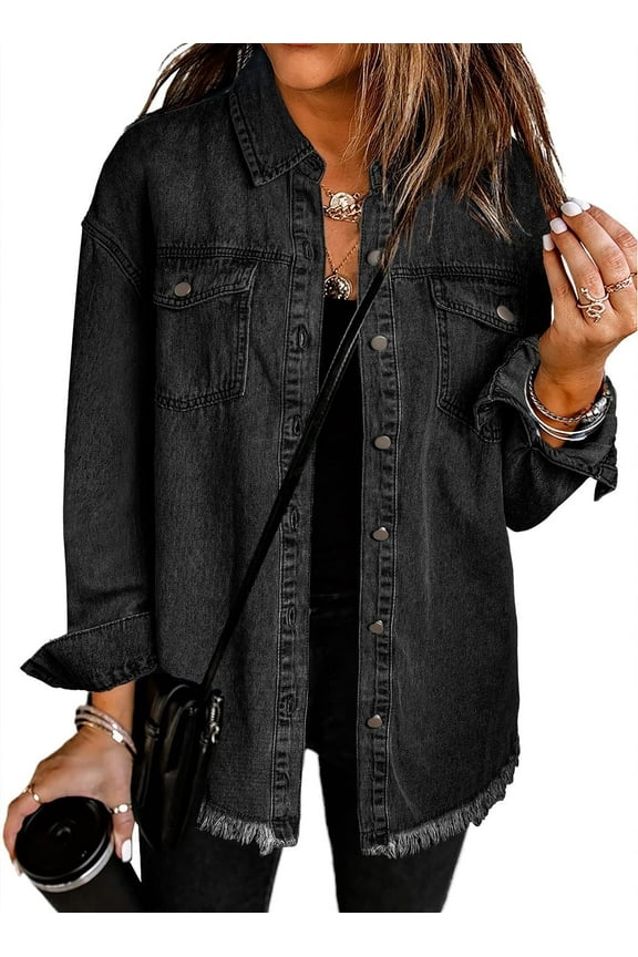 Women's Jean Jacket Casual Long Sleeve Denim Jackets Button Down Shirt Boyfriend Distressed Shacket Black